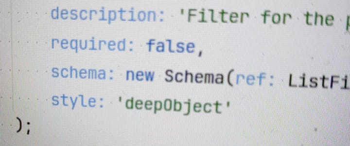 Photo taken from the screen showing some lines of code with focus on `style: 'deepObject'`.